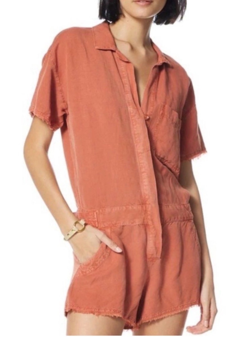 Young Fabulous & Broke Felix Raw Edge Short Sleeve Linen Romper